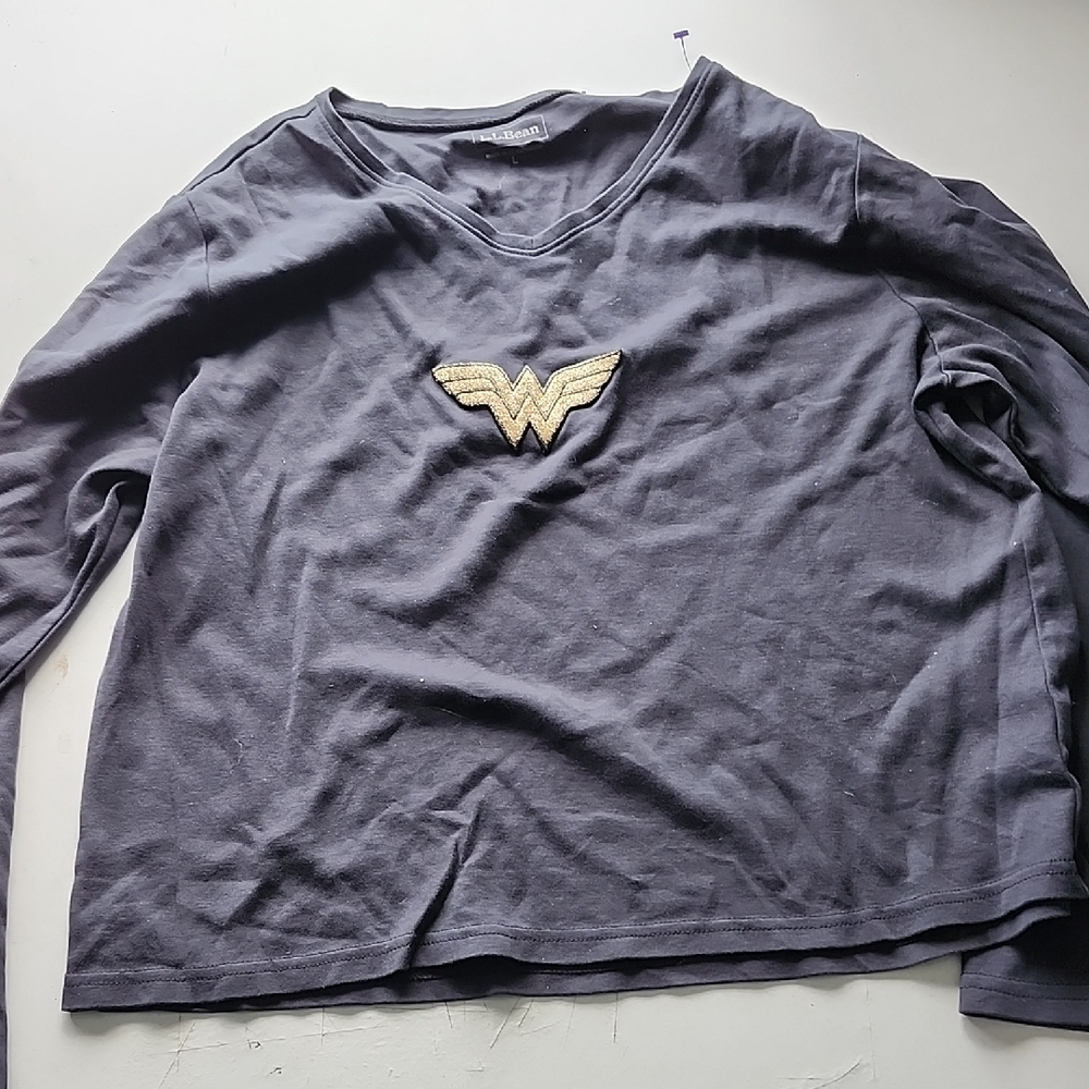 L.L. Bean Black V-Neck Shirt With Wonder Women Patch Large